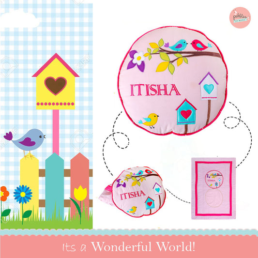 Chirping Birdies Cushion-cum-Quilt (Pink)