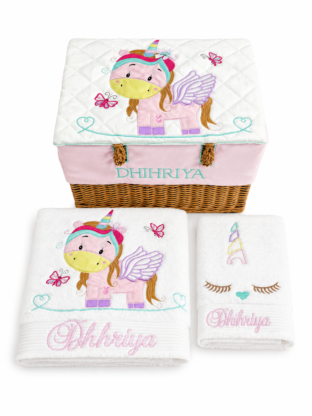 Unicorn Small Basket Bath Set (White Satin)