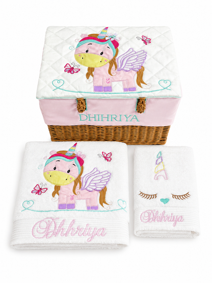 Unicorn Small Basket Bath Set (White Satin)