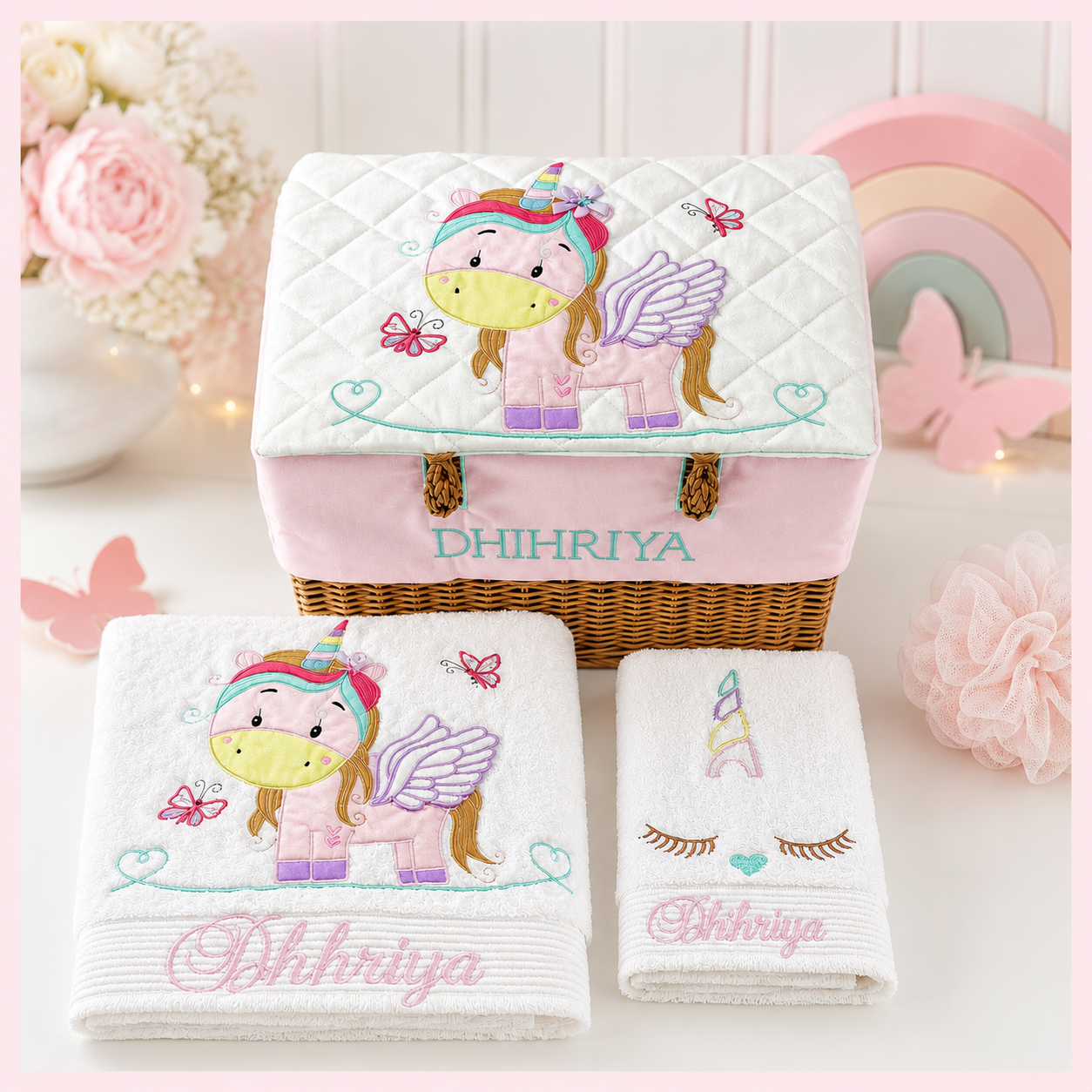 Unicorn Small Basket Bath Set (White Satin)