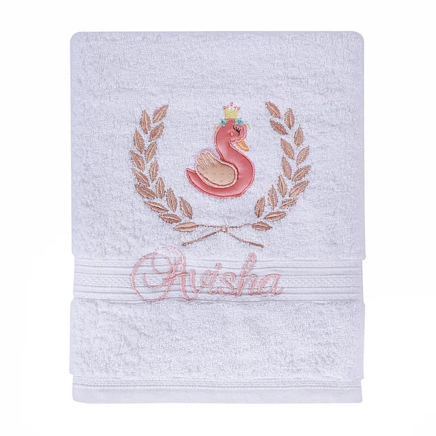 Ivy Swan Bath Towel (White and Coral)