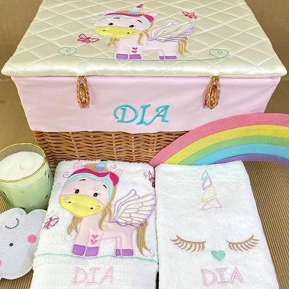 Unicorn Small Basket Bath Set (White Satin)