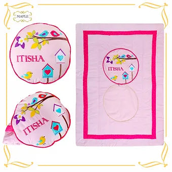 Chirping Birdies Cushion-cum-Quilt (Pink)